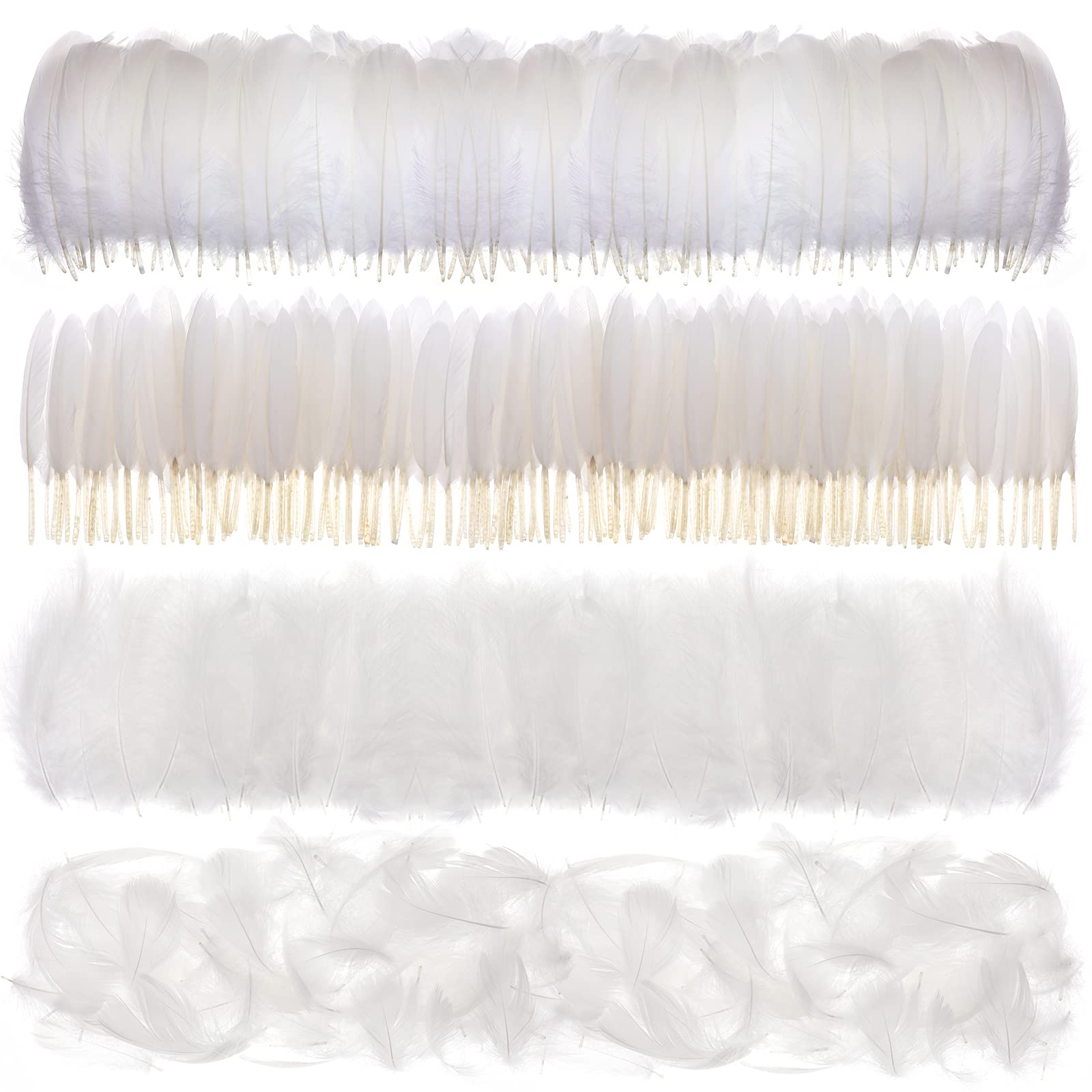 MWOOT 4 Styles Assorted Crafts Feathers, 400Pcs White Feathers, Crafts Art Goose Feathers for DIY Dream Catchers, Halloween Costume, Handmade Earring, Wedding Party, Easter Home Activities Decoration — image 1