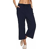 LNX Womens Linen Capri Pants Wide Leg High Waisted Drawstring Casual Cropped Pants with Pockets