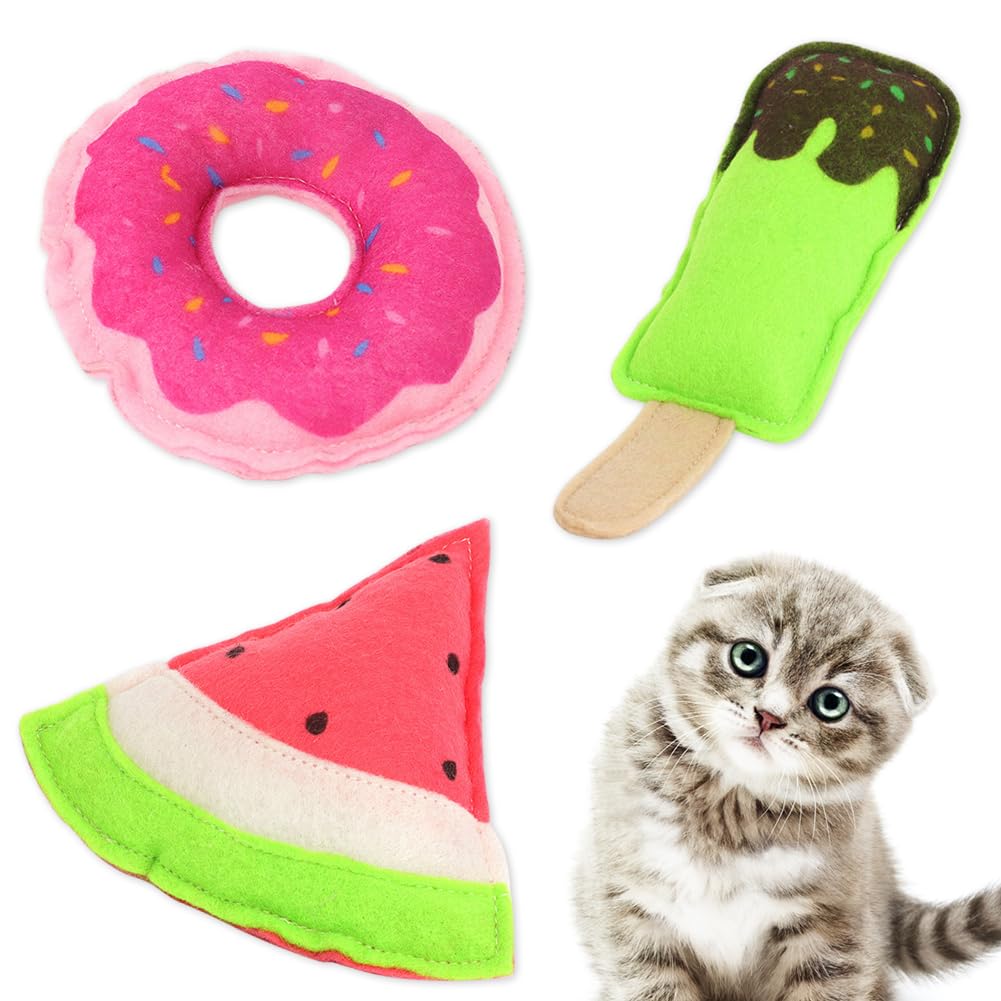 Geluode Cat Toy,Cats Plush Chew Toy 3 PCS,Donut Watermelon Ice Cream Catnip Kitten Toys For Summer Holiday Interactive Cat Playing Chewing Teeth Cleaning