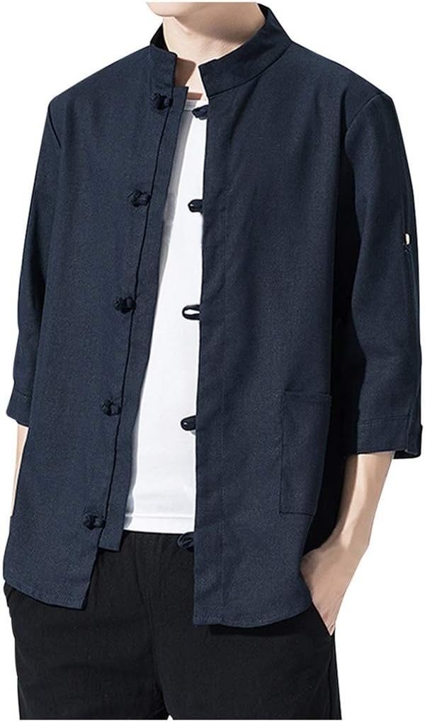 Men's Ethnic Style Solid Color Cotton and Cropped Seven-Sleeve Shirt Shirt Men Blouse,Men Classic Chinese Style Kung Fu Shirt Tops Tang Suit 3/4 Sleeve Retro Blouse (M-5XL)