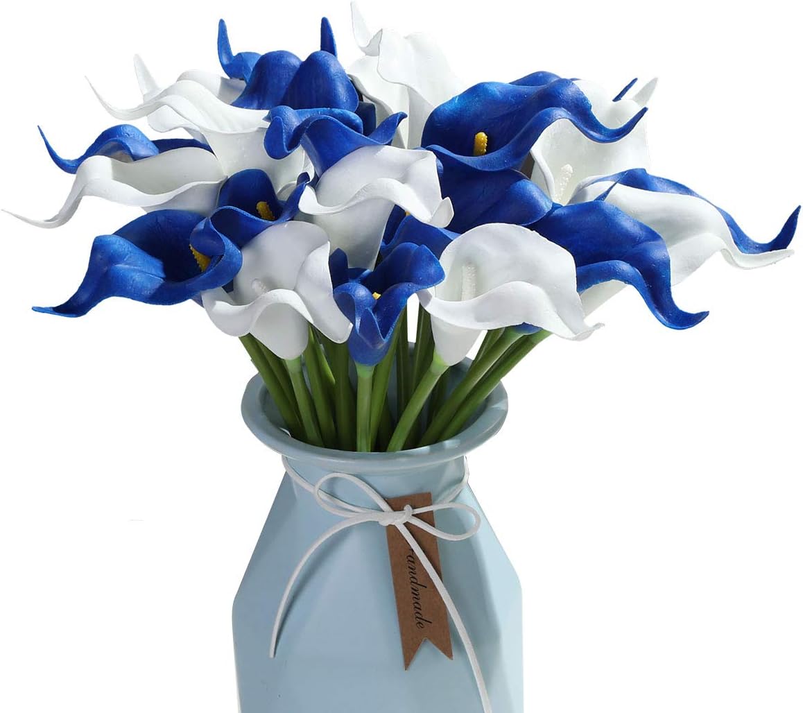 Tifuly 24pcs Calla Lily Bridal Wedding Bouquet Latex Real Touch Artificial Flowers Arrangement for Home Office Party Decor (Blue and White)