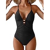 Aidonger Sexy One Piece Swimsuit Adjustable Straps V Neck Bathing Suit Tummy Control Ruched with Beaded Cutout Swimwear