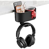 Fervidus Desk Cup Holder with Headphone Hanger, 2 in 1 Clamp Organizer for Office Table, Lawn Chair, Golf Cart, Pontoon Boat, Fit for Most 18-32 oz Bottles