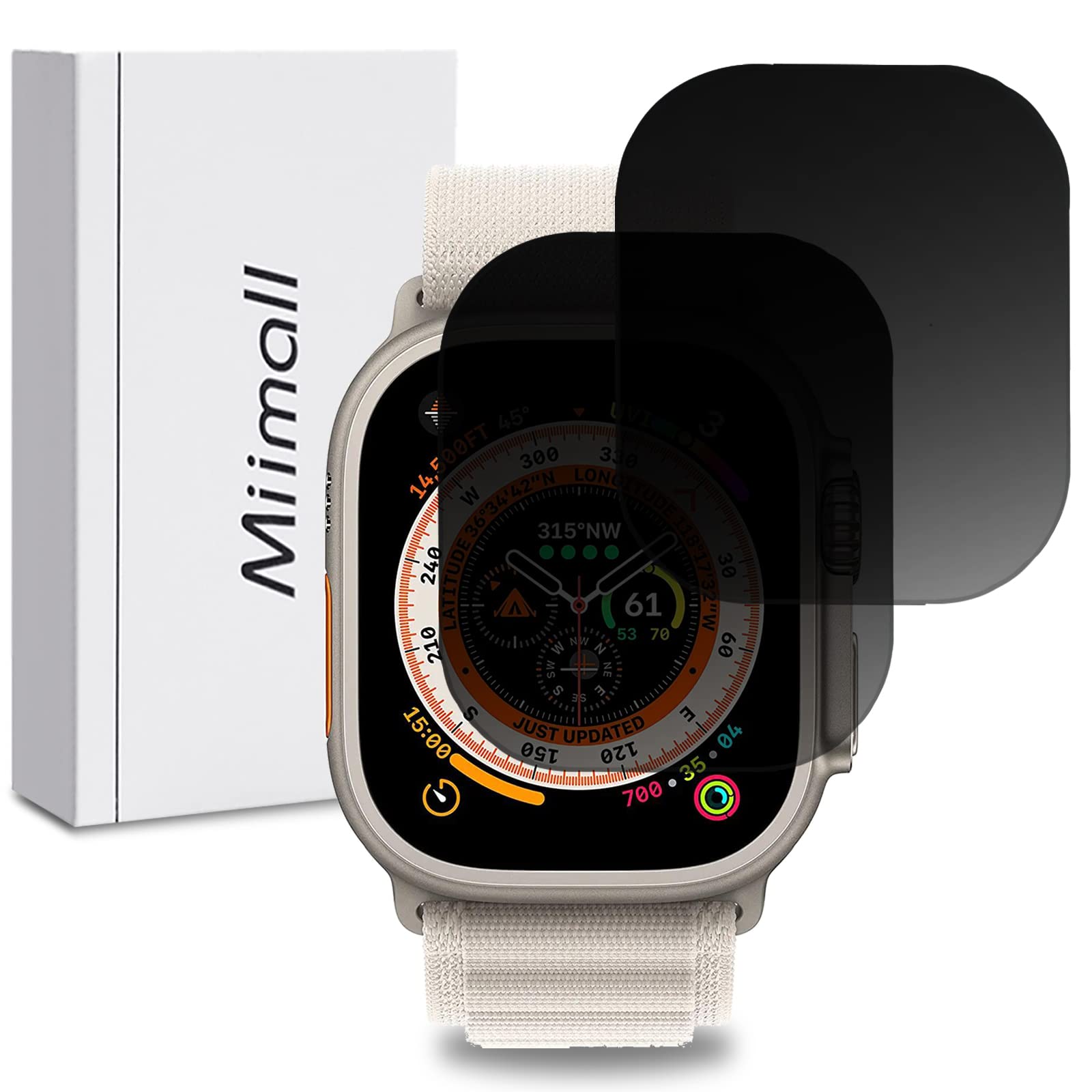 Miimall Privacy Screen Protector for Apple Watch Ultra 3/2/1 49mm, 2-Pack 9H Hardness Tempered Glass Anti-scratch Anti-spy Anti-peep Bubble-free Screen Protector Film for iWatch Ultra 49mm