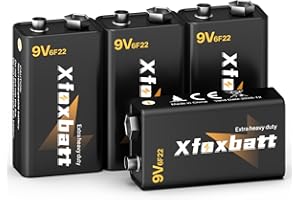 XFOXBATT 9V Batteries Carbon 6F22 9 Volt Battery for Smoke/CO Detectors Leakproof & Long-Lasting, 4 Count Pack Square Fire Alarm Batteries for Wireless Microphones, Guitar Pedals/Tuners, Two-Way Radios