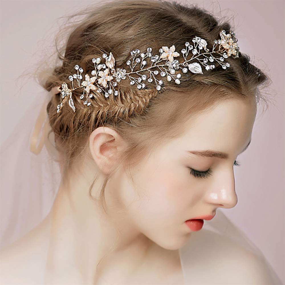 Deniferymakeup Rose Gold Pearl and Crystal Beads Flower Leaf Bridal Hair Vine Wedding Head Piece Rhinestone Hair Accessories Headband Jewelry