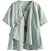 Minibee Women's Linen Retro Chinese Frog Button Tops Blouse