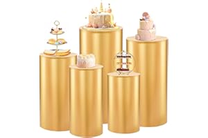 Fanqisi Party Cylinder Pedestal Stand Covers: Gold Spandex Round Cylinder Plinth Display Stand Covers Set of 5 - Birthday Wedding Event Decorations