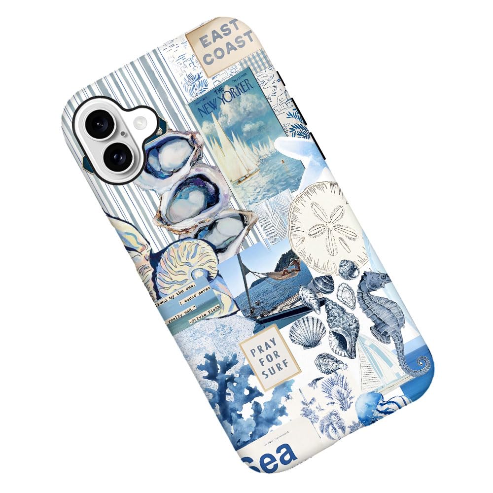 TnXee Case Compatible with iPhone 16,Fall Prevention Hybrid 2-Layer Hard Shell Cases for Girls Boys,Seashell Ocean Blue Retro Collage