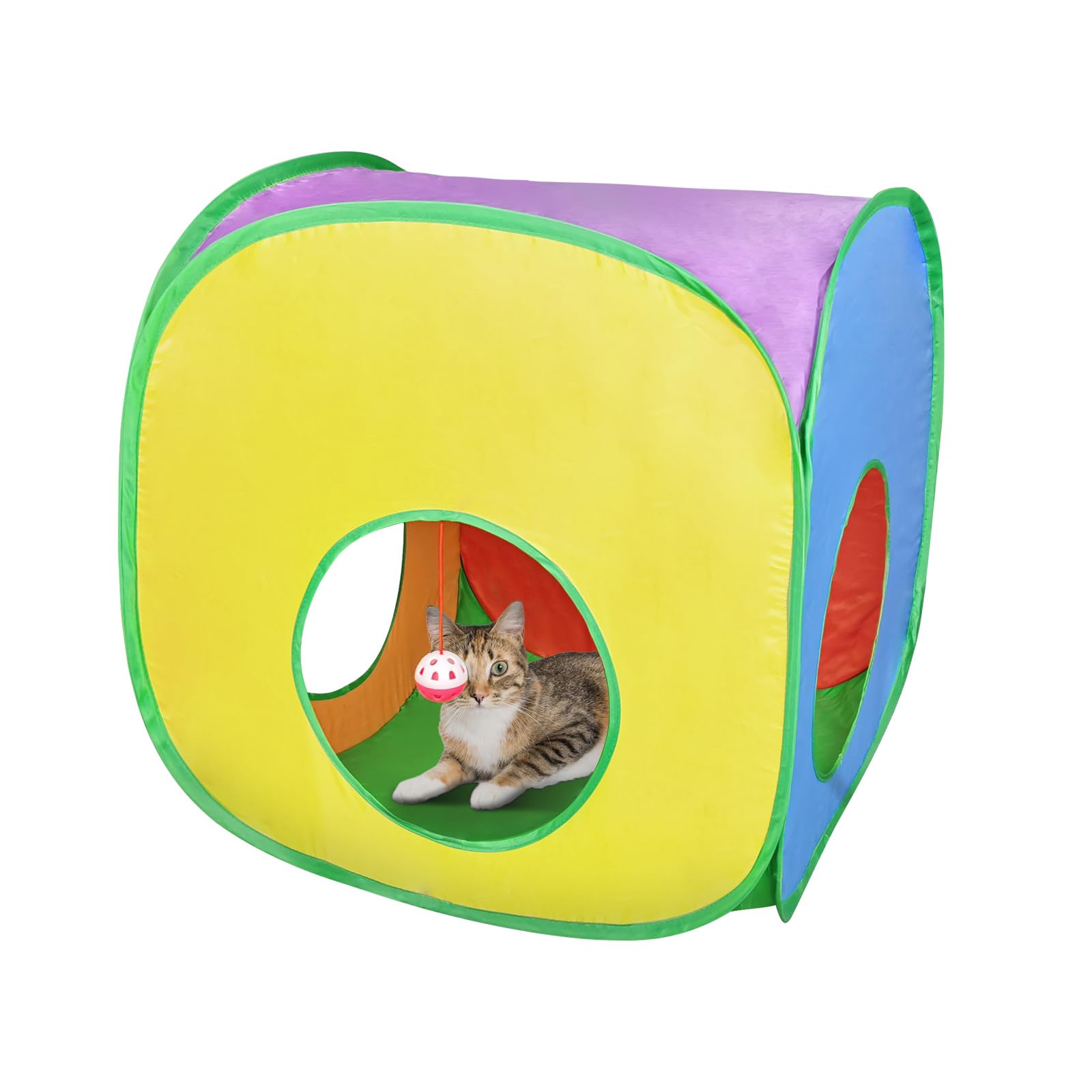 Photo 1 of Andiker Cat Tunnel, Colorful and Foldable Polyester Square Cat Tent Matches with Most Kitten Tubes with a Bell Ball 3 Holes Cats Tubes for Indoor Cats to Play and Sleep (Square L)