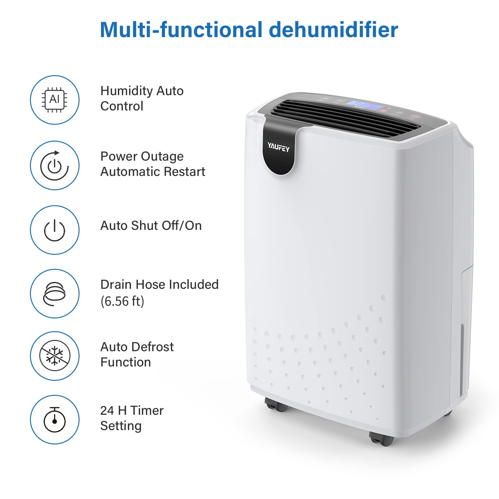 Yaufey 2500 Sq. Ft Home Dehumidifier for Medium to Large Rooms and Basements with Auto or Manual Drainage, 0.48 Gallon Water Tank Capacity - Low Noise and 24 Hr Timer