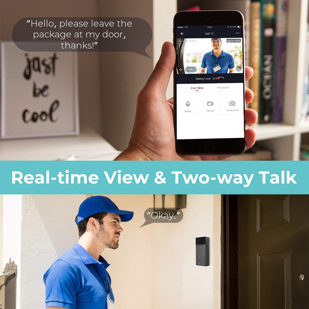 WiFi Smart Video Doorbell Camera, Houzetek Wireless Door Bell 720P HD Home Security Doorbell Camera with Rechargeable Battery PIR Motion Detection Night Vision Real-Time Two-Way Audio