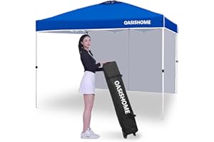 OASISHOME Pop-up Portable Outdoor Canopy Tent 10'x10' Instant Gazebo, with 1 Sidewall, Wheeled Bag, for for Outdoor/Beach Parties and Trade Shows (10FTx10FT, Blue)