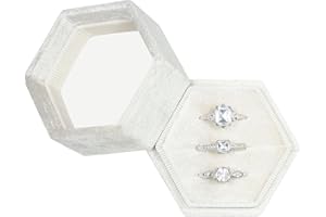 Vicoter Velvet Ring Box, 3 Slots Hexagon Jewelry Ring Gift Box Vintage Ring Display Holder Case for Wedding Ceremony Proposal Engagement (Ivory)
