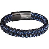 Forziani Premium Black Blue American Woven Leather Bracelet for Men – Genuine Braided Leather Wristband with Stainless Steel Clasp - Size Large - Gift Box Packaging Included - Mens Gift