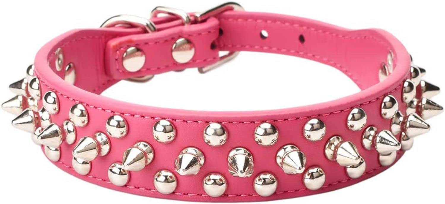 haoyueer Spiked Studded Dog Collar, Adjustable Pu Leather Puppy Collar for Small Medium Dogs Bulldog Pitbull Mastiff Poodle Boxer (L, Hot Pink)