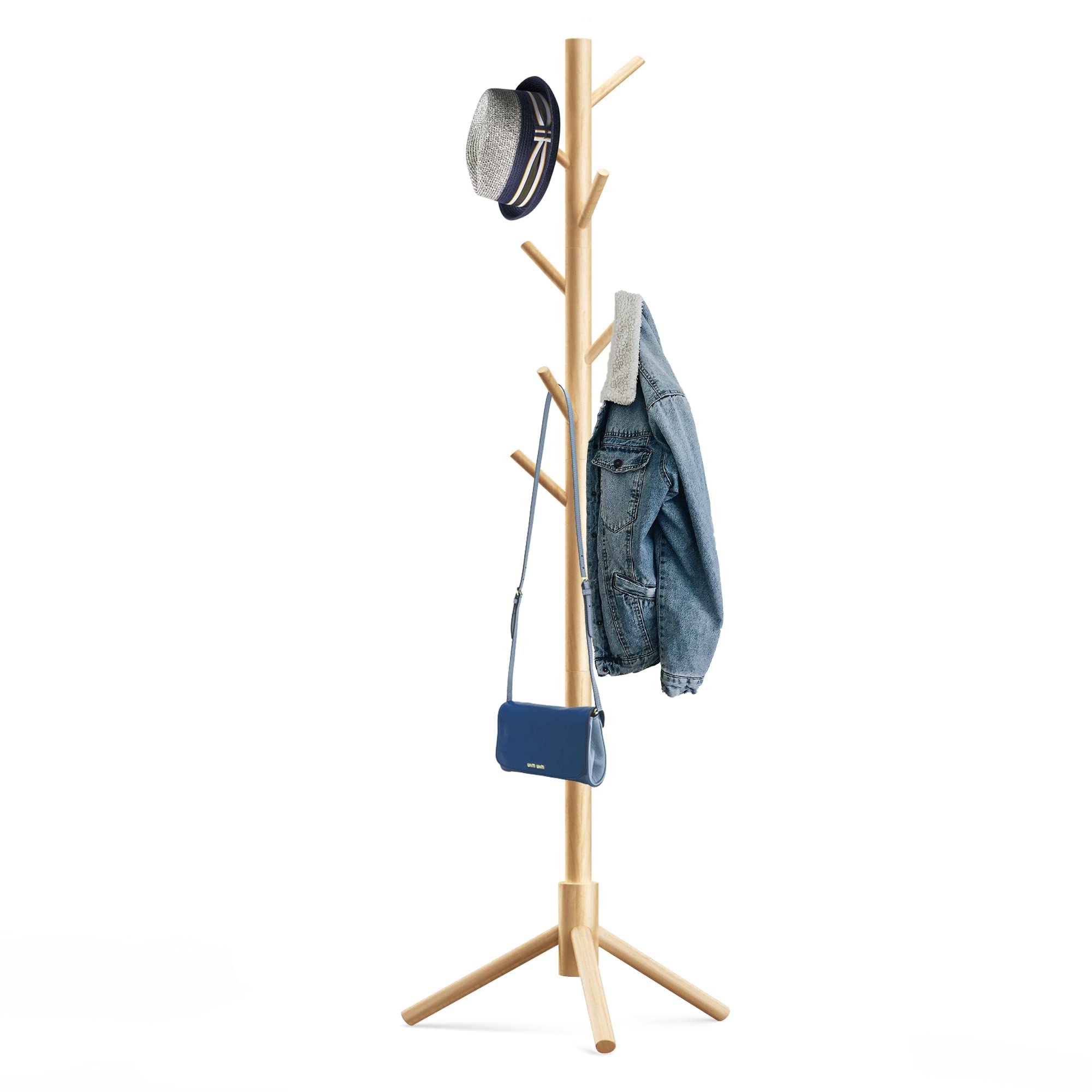 Photo 1 of Hupmad Wooden Tree Coat Rack Stand,Sturdy Freestanding Coat Rack with 8 Hooks,3 Adjustable Height for Child Adult,Wood Coat Stand Tree Fits Entryway Bedroom Office for Bags,Hats
