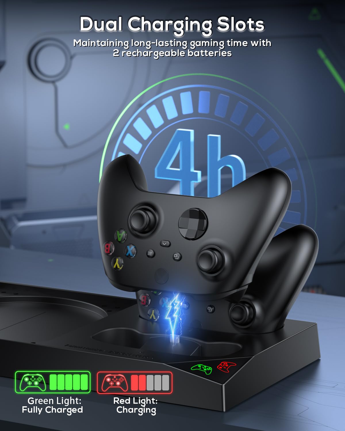 MENEEA Ständer mit Lüfter für Xbox Series X Zubehör, 5 in 1 Vertikale Dual-Ladegerät mit Controller Ladestation, 2stk 1400mAh Akkus,Konsole Kühler, Headset-Halterung und Spiele-Aufbewahrung (Schwarz) 4