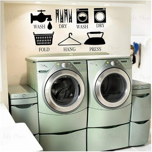 Letrero de lavandería, lavar, doblar, colgar, presionar, etiqueta de la