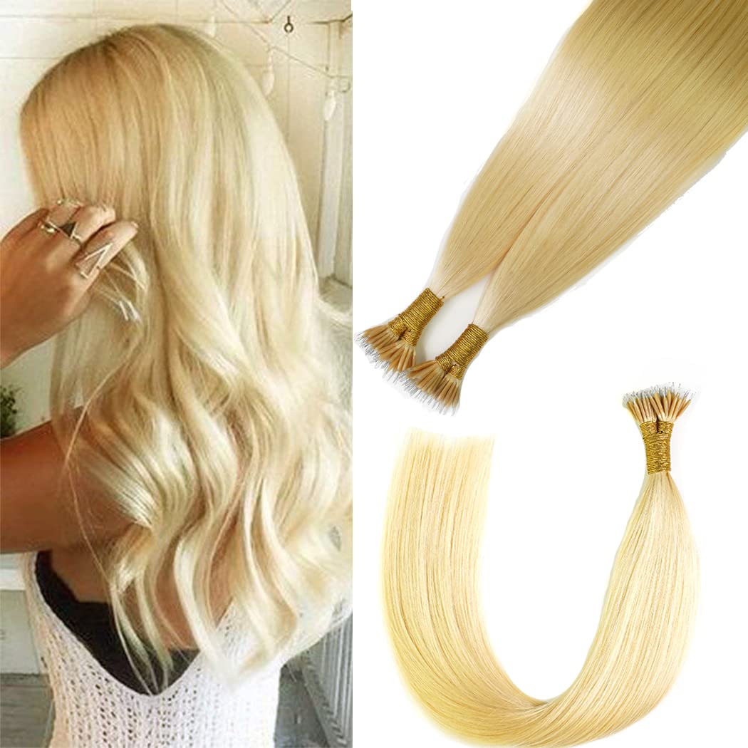 KOCONI 14 Inch Bleach Blonde Nano Rings Hair Extensions Real Human Hair Extensions Platinum Blonde #24 Double Drawn Nano Ring Hair Extension Nano Tip Beads Human Hair Extensions 50g 1g/Strand — image 1