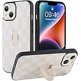 SOKAD for iPhone 14 Case with Finger Strap Kickstand, Cute Checkered Checkerboard Phone Case with Finger Hand for Women Men, Slim Full Camera Protection Shockproof Case Cover, White