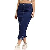 CIMUK Women's Long Denim Skirt Mid Waisted Stretch Ripped Raw Hem Split Casual Pencil Midi Jean Skirts