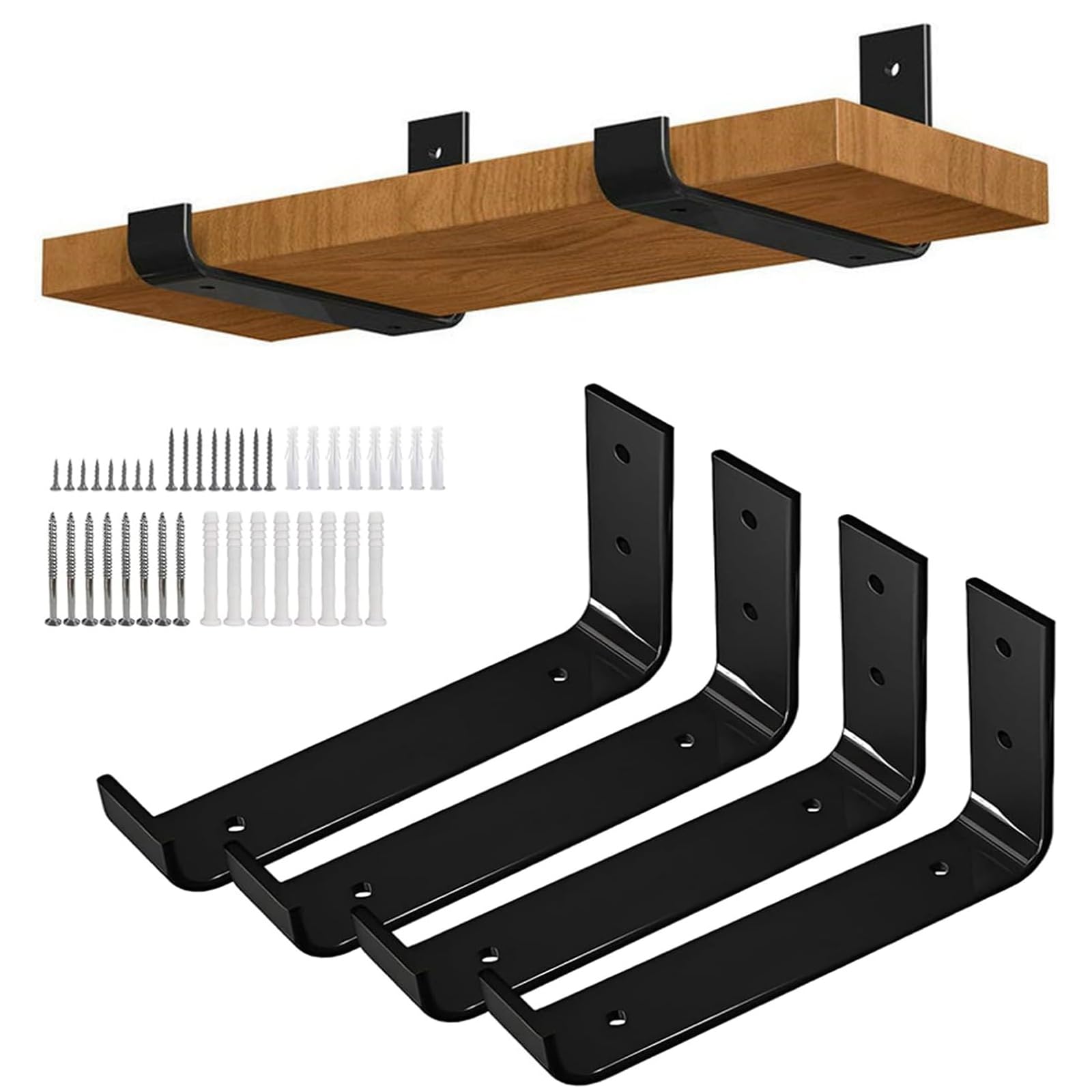 Heavy Duty Shelf Brackets 4pcs - 6 Inch Black Wall Mounted - Industrial Metal L-Shape Corner Bracket with Screws & Anchors for Wooden Shelves, Kitchen Storage, Living Room Shelving