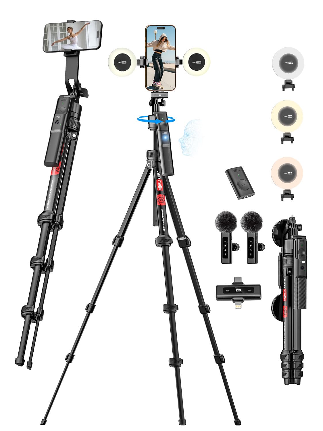 USKEYVISION Vlogging Kit w/Remote,YouTube Starter Kit,Auto Face Tracking Tripod for iPhone w/Light,Phone Stand for Video Recording,Camera Mount Tripod,Wireless Lavalier Microphone