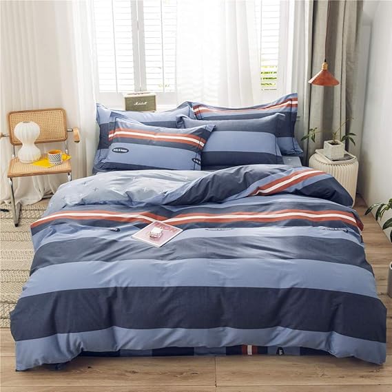 AMWAN Blue Striped Duvet Cover Set Queen Bedding Cotton