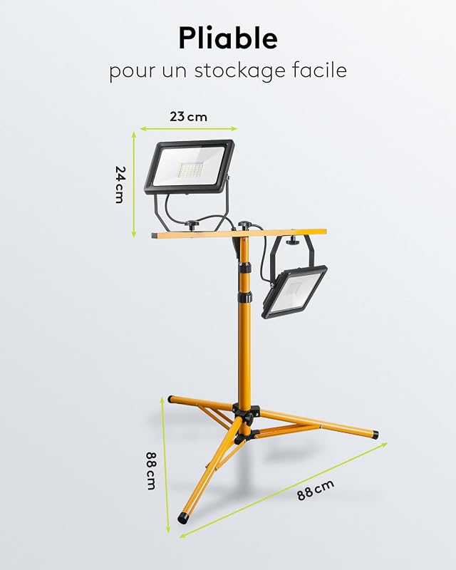 49984 Projecteur de Chantier LED télescopique Double tête pour Utilisation intérieure et extérieure Trépied en métal Blanc Froid, Jaune, 2x 50W