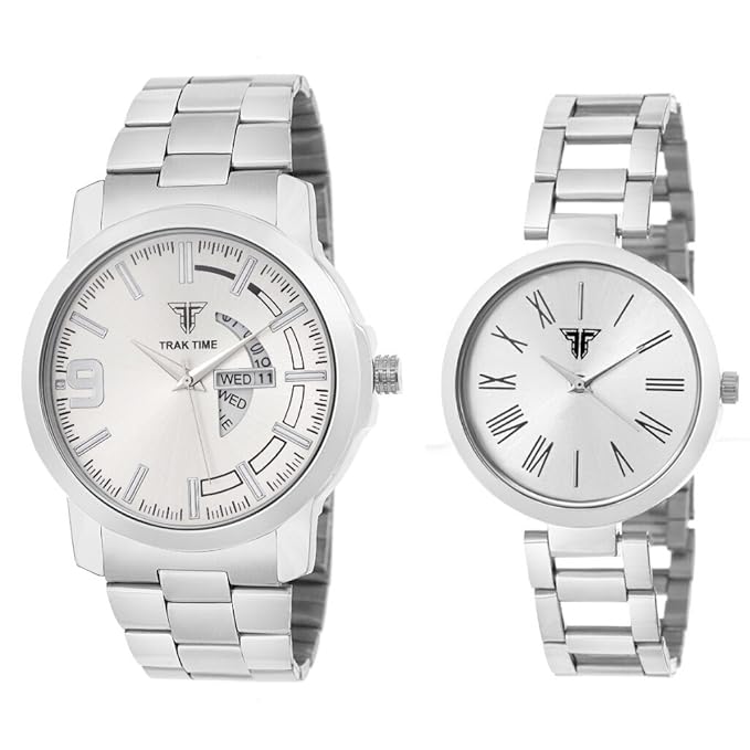 Traktime Mens/Womens Couple Wrist Watch Combo Set | Silver Dial | Silver Stainless Steel Strap | Unique Day & Date Feature in Men Watch - Casual Watches | Gift for Birthday, Aniversary & Love