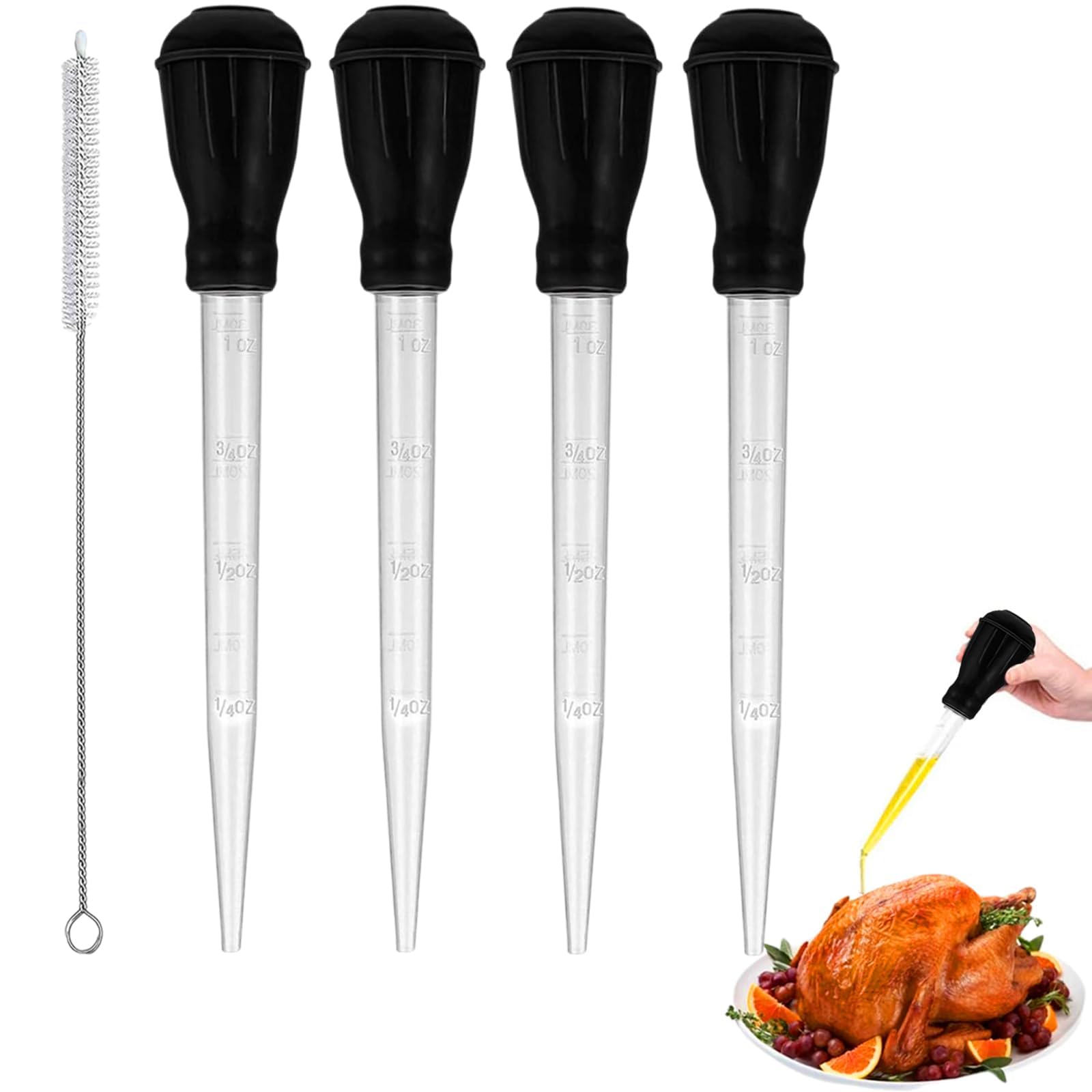 4 Pcs 28cm Black Turkey Baster for Cooking with 1PC Cleaning Brush, Essential Kitchen Gadget for Basting While Roasting, Kitchen Tools & Gadgets Turkey Baster for Turkey for Cooking BBQ