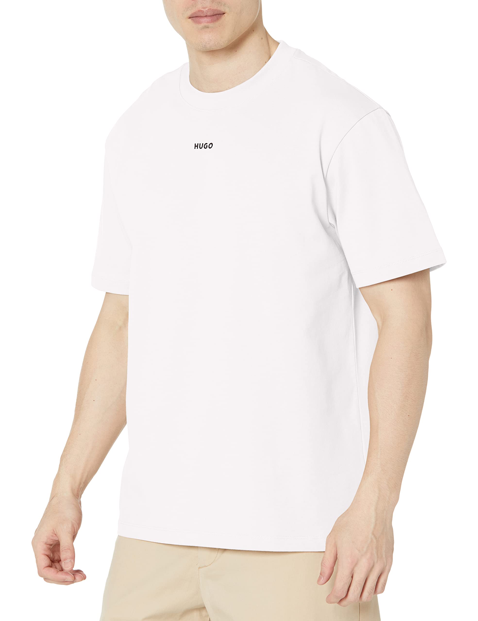 HUGO Mens Small Center Logo Jersey Short Sleeve T-Shirt, Fresh White, X-Large US