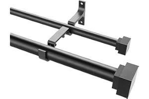 FUMLYATE 1 Inch Modern Double Window Curtain Rods,36-72 Inch Adjustable Telescoping Heavy Duty StylishDrapery Rods Decorative Solid Square Allufer Finials for Dual Curtain Rod Window Treatment,Matte Black