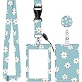 ID Badge Holder with Lanyard, Retractable Badge Holders Reels with Lanyards Adjustable, for Women Kids Teacher Nurses Doctor Student(Cute Cyan Daisy)