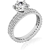 Amazon Essentials Platinum or Gold Plated Sterling Silver Wedding Set Rings set with Round Cut Infinite Elements Cubic Zirconia (previously Amazon Collection)