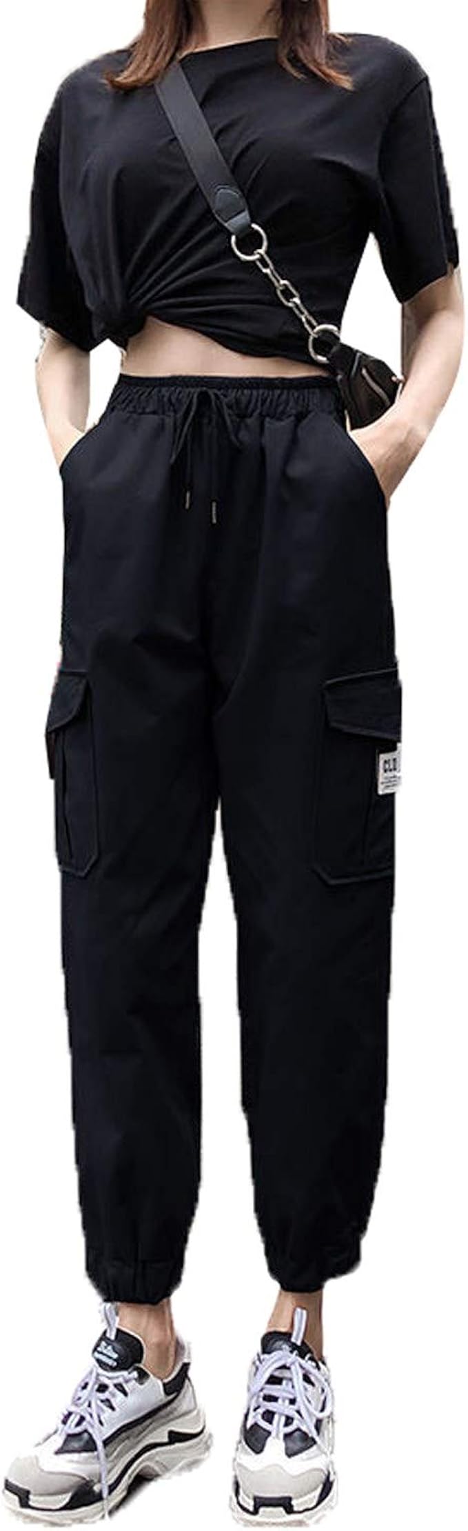 Fashion Women Cargo Elastic High Waist Pants Baggy Loose Trouser with Pocket Y2K Streetwear 