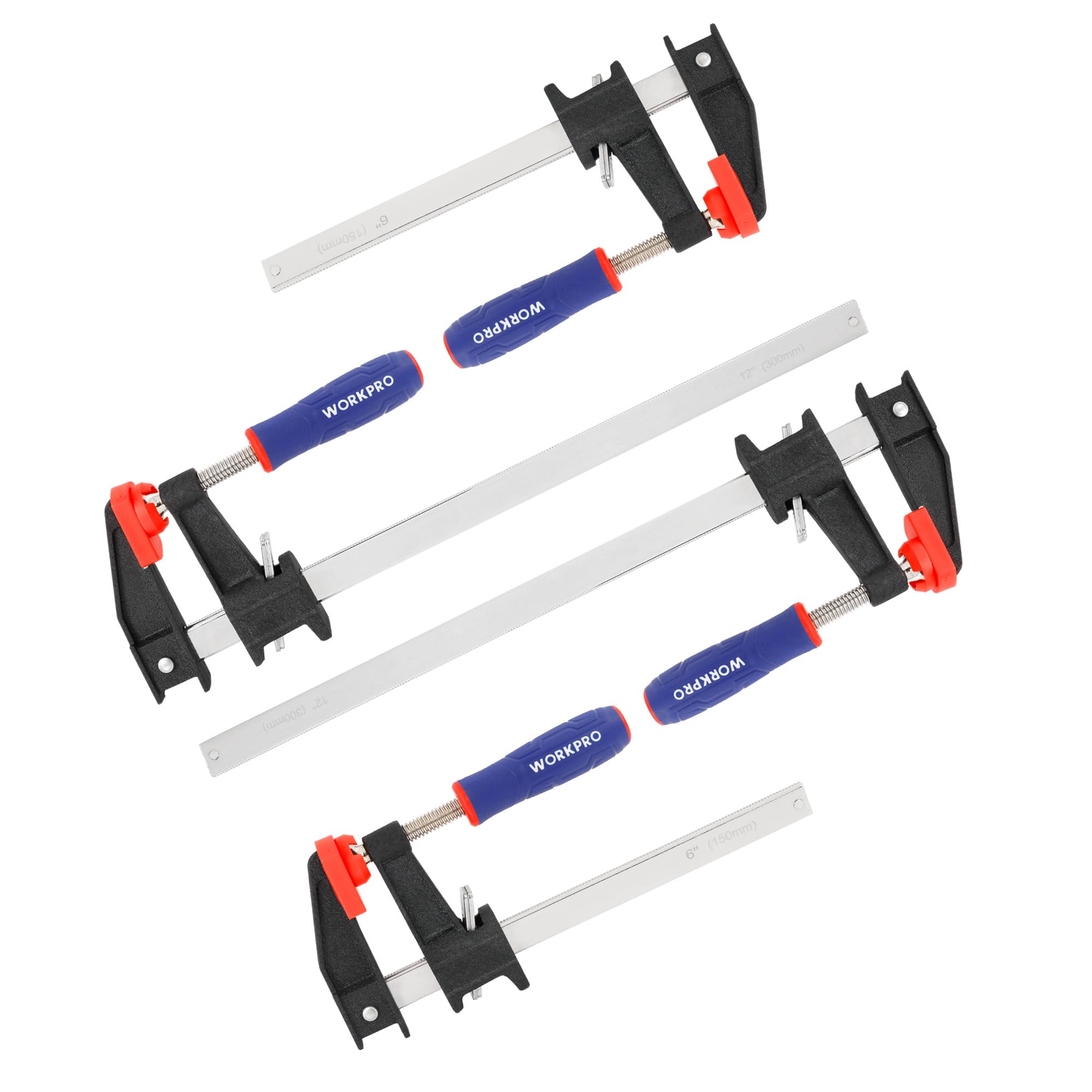 WORKPRO Heavy Duty Professional Clamps for Woodwork, 4-Pack 150 mm & 300 mm F Wood Clamps, Quick-Release, Ideal for Woodworker, Metalworker and Carpenters Hobbyist, Max 272 kg Load Limit