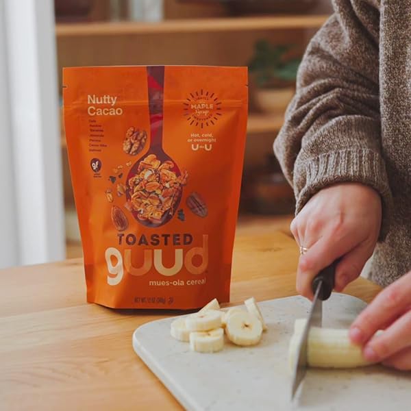 GUUD NUTTY CACAO TOASTED MUESOLA CEREAL, 12 OUNCE, SLIGHTLY SWEET MUESLI, GLUTEN FREE, OATS, RAISINS, BANANAS, ALMONDS, PECANS, CACAO NIBS, WALNUTS, VEGAN, NON-GMO CERTIFIED, KOSHER