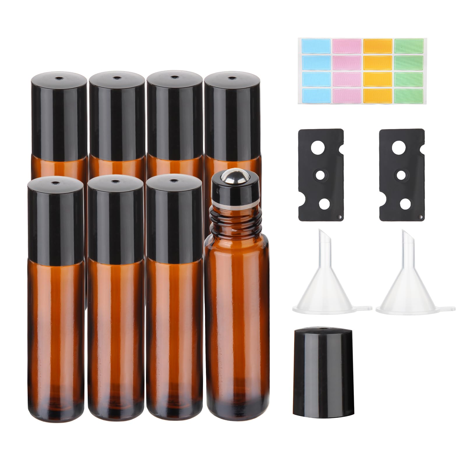 Hyber&Cara 10ml Glass Roll on Bottles, 8Pcs Essential Oils Roller Bottles with Stainless Steel Roller Balls Perfect for Fragrance, Aromatherapy (Included 2 Bottle Opener,Sticker and 2 Funnels)