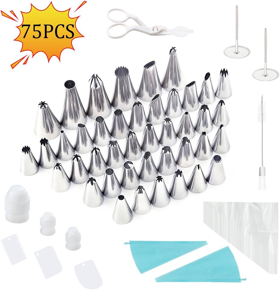 75 Pieces Piping Nozzle,Blufied Cake Decorating Kit with 42 Stainless Steel Icing Tips, 22 Pastry Bags, 2 Flower Nails, 3 Reusable Plastic Couplers, 3 Scrapers for Cakes Cupcakes Cookies Pastry