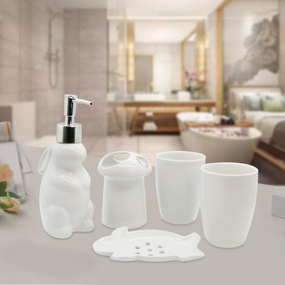 Zeewoo Badezimmer Set Toiletten Badset Badgarnitur 5-TLG Seifenspender, Becher, Seifenschale, Zahnbürsten Halter, Niedlichen Stil Kaninchen Form Badezimmer Dekoration und Home Geschenk Set, Weiß