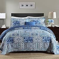 NEWLAKE Cotton Bedspread Quilt Sets-Reversible Patchwork Coverlet Set, Blue Classic Bohemian Pattern,Queen Size