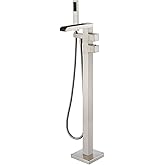 Wowkk Thermostatic Freestanding Bathtub Faucet Waterfall Tub Filler Brushed Nickel Floor Mount Brass Bathroom Faucets with Hand Shower