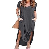 HBEYYTO Women's Plus Size Maxi Dresses V Neck Casual Short Sleeve Loose Pocket Slits Long Dress XL-5XL