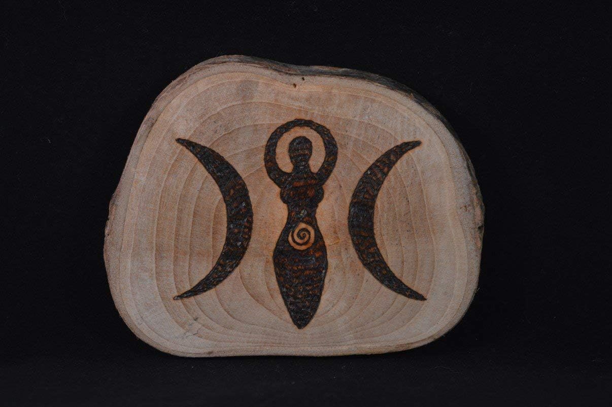 Found Wood Triple Moon Goddess Symbol with pyrography design - Pagan, Wicca, Rituals and Altar Decoration
