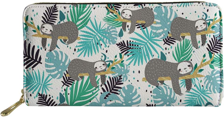Coloranimal Zipper Around Women Long Wallet Tropical Palm Sloths Gifts PU Leather Clutch Purse Cell Phone Coin ID Cards Money Bag Cell Phone Card Holder