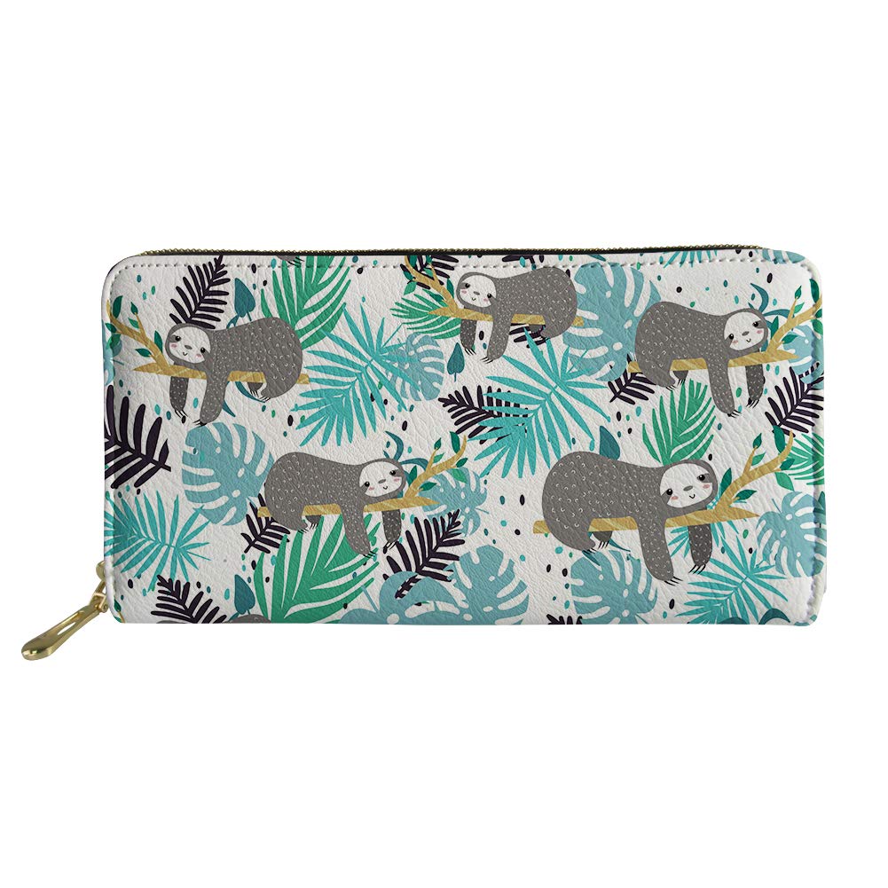 Coloranimal Zipper Around Women Long Wallet Tropical Palm Sloths Gifts PU Leather Clutch Purse Cell Phone Coin ID Cards Money Bag Cell Phone Card Holder