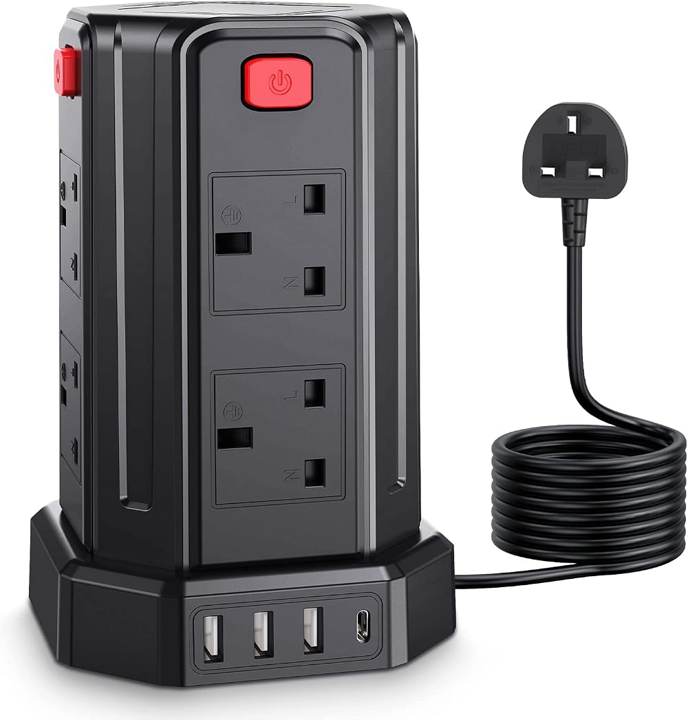 Kemelo Tower Extension Lead 3M 8 AC Outlets 4 USB Surge Protector 13A