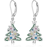 Christmas Tree Earrings for Women Sterling Silver Green Xmas Tree Colorful Zircon Crystal Christmas Tree Dangle Hypoallergenic Snowflake Earrings Studs Holiday Jewelry